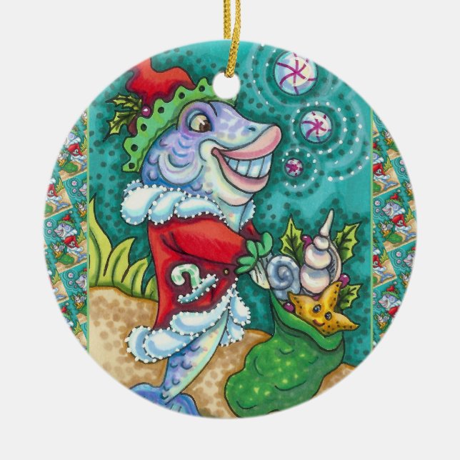 SANTA CLAUS FISH TALES, STARFISH, BAG of SAASHELLS Keramik Ornament (Vorne)