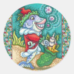 SANTA CLAUS FISH TALES, STARFISH, BAG of SAASHELLS Runder Aufkleber