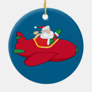 Santa-Claus-Flying-a-Flugzeug-and-Waving Keramikornament