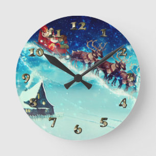 Santa Claus Flying with Rentier Runde Wanduhr