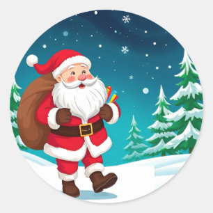 Santa Claus geht fröhlich in einem schneereichen W Runder Aufkleber