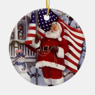 Santa Claus hält die amerikanische Flagge Keramikornament