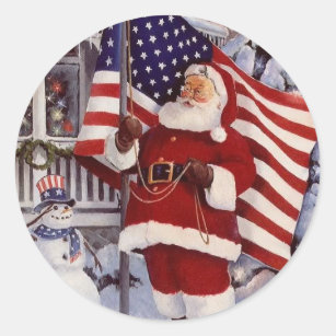 Santa Claus hält die amerikanische Flagge Runder Aufkleber