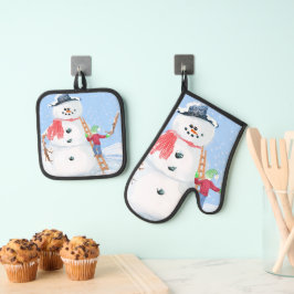 Santa Claus Helper Gebäude Ein Alberner Schneemann Ofenhandschuh & Topflappen-Set