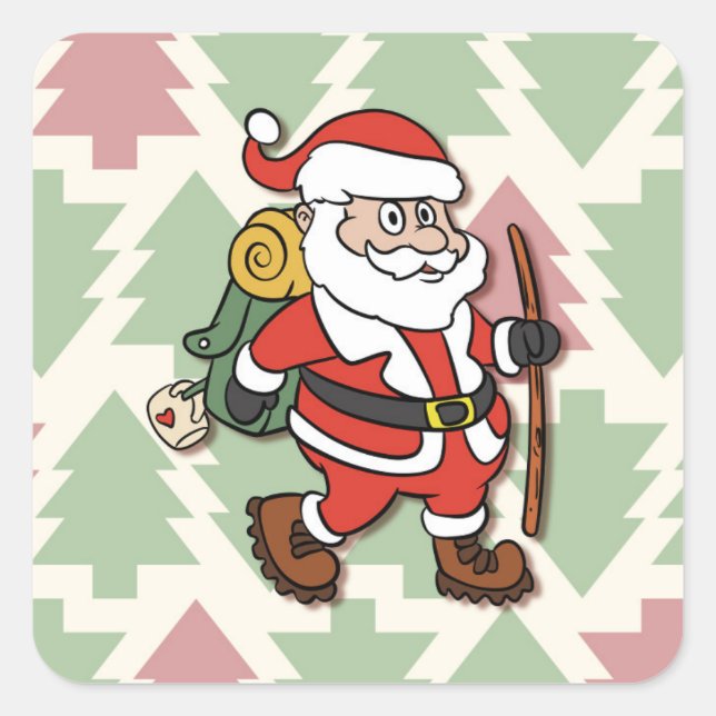 Santa Claus hiker Quadratischer Aufkleber (Vorderseite)