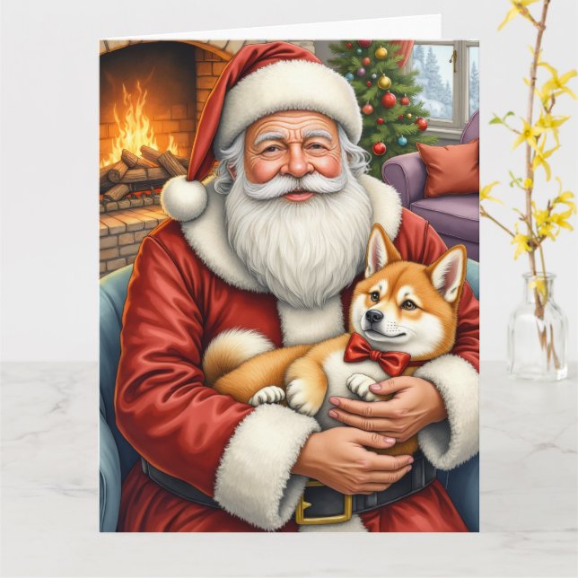 Santa Claus Holding Akita Christmas Art Karte (Gelbe Blume)