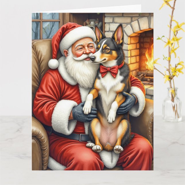 Santa Claus Holding Australian Kelpie Christmas  Karte (Gelbe Blume)