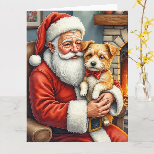 Santa Claus Holding Australian Terrier Christmas  Karte (Gelbe Blume)
