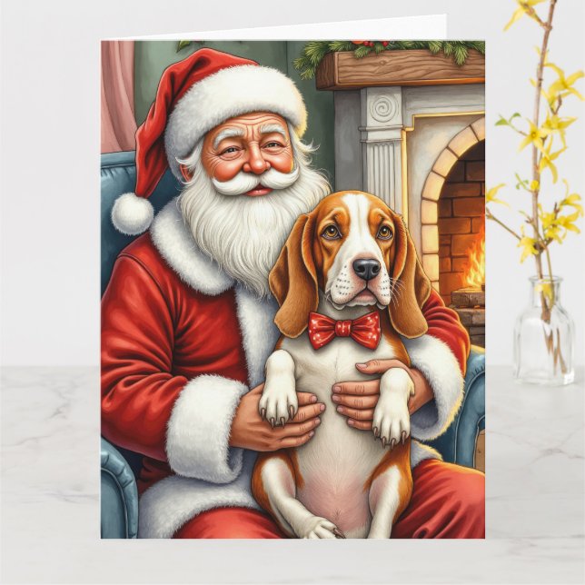 Santa Claus Holding Basset Hound Christmas Art Karte (Gelbe Blume)