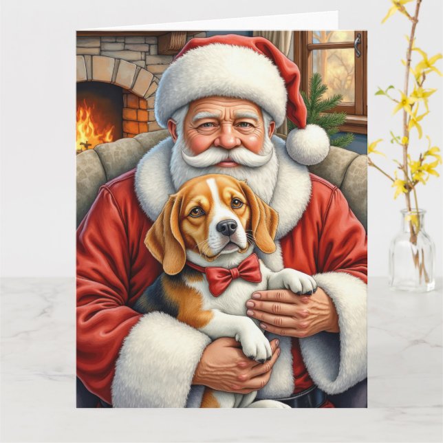 Santa Claus Holding Beagle Christmas Art Karte (Gelbe Blume)