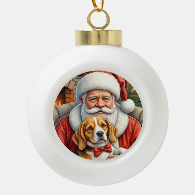 Santa Claus Holding Beagle Christmas Art Keramik Kugel-Ornament (Vorderseite)
