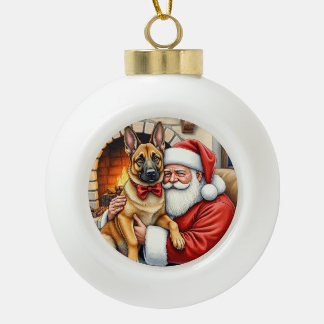 Santa Claus Holding Belgian Malinois Christmas Art Keramik Kugel-Ornament (Vorderseite)