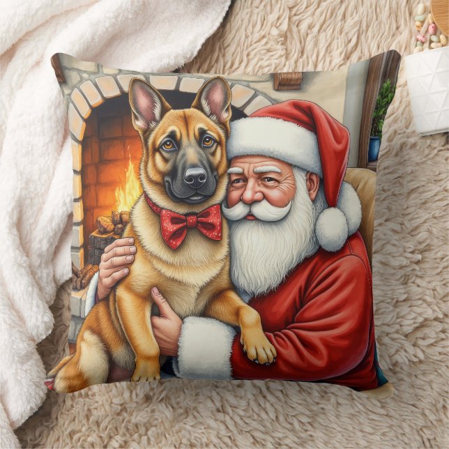 Santa Claus Holding Belgian Malinois Christmas Art Kissen (Decke)