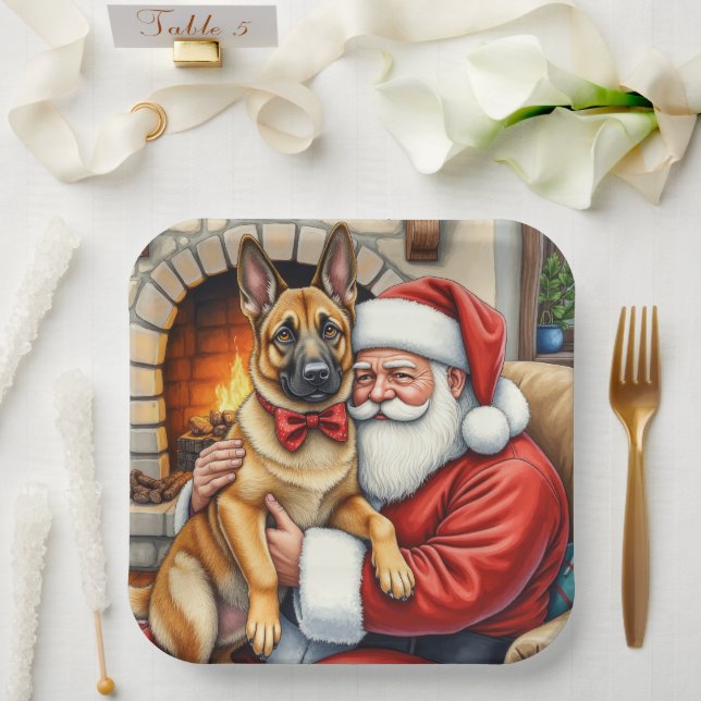 Santa Claus Holding Belgian Malinois Christmas Art Pappteller (Hochzeit)
