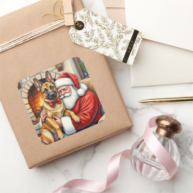 Santa Claus Holding Belgian Malinois Christmas Art Quadratischer Aufkleber (Schenken)