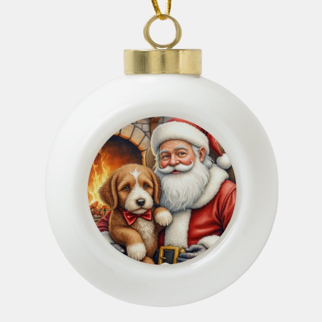Santa Claus Holding Bernedoodle Christmas Art Keramik Kugel-Ornament (Vorderseite)