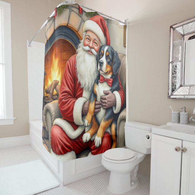 Santa Claus Holding Bernese Mountain Dog Christmas Duschvorhang (Beispiel)