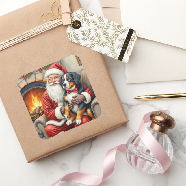 Santa Claus Holding Bernese Mountain Dog Christmas Quadratischer Aufkleber (Schenken)