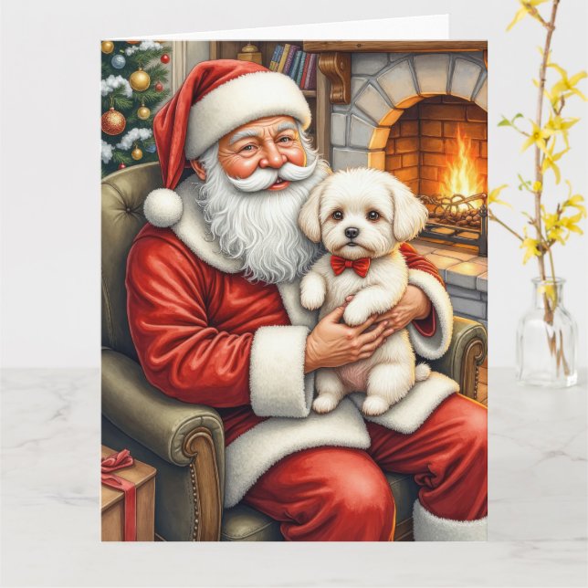 Santa Claus Holding Bichon Frise Christmas Art Karte (Gelbe Blume)