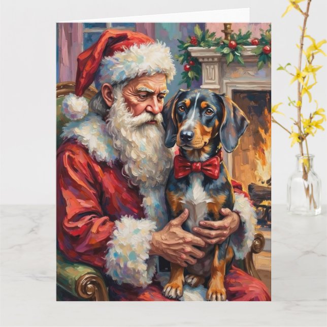 Santa Claus Holding Bluetick Coonhound Christmas  Karte (Gelbe Blume)