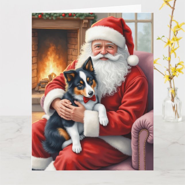 Santa Claus Holding Border Collie Christmas Art Karte (Gelbe Blume)