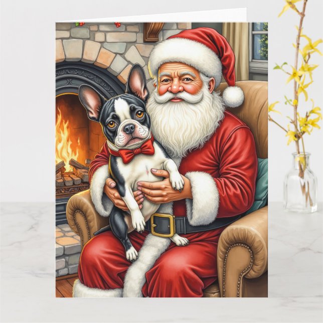 Santa Claus Holding Boston Terrier Christmas Art Karte (Gelbe Blume)
