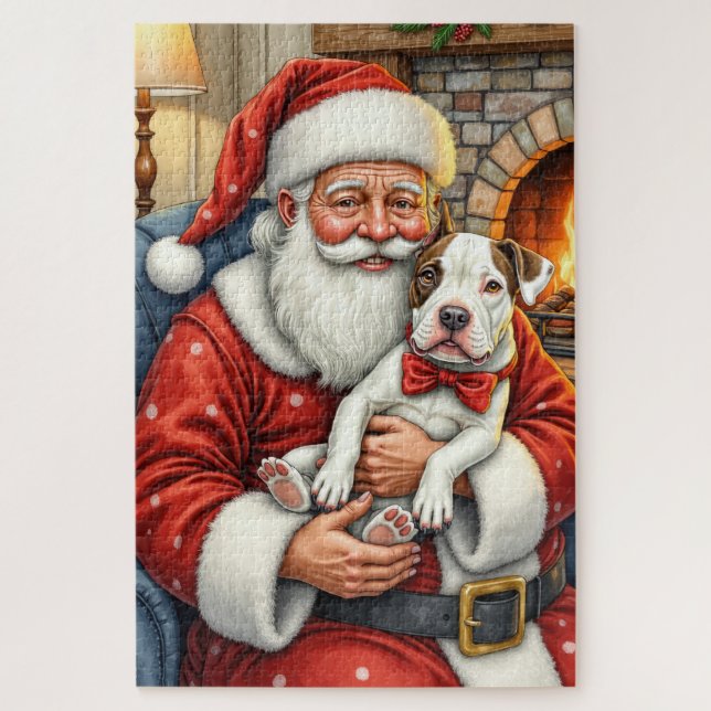 Santa Claus Holding Bull Terrier Christmas Art Puzzle (Vertikal)