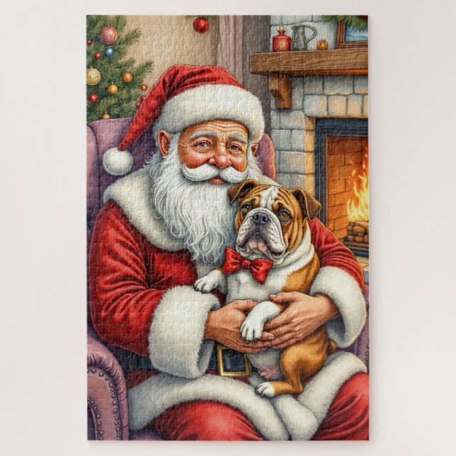 Santa Claus Holding Bulldog Christmas Art Puzzle (Vertikal)