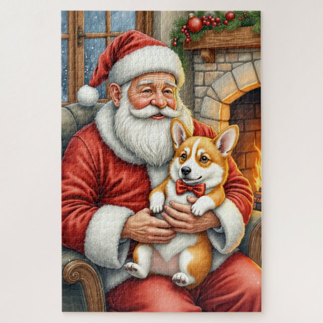 Santa Claus Holding Corgi Christmas Art Puzzle (Vertikal)