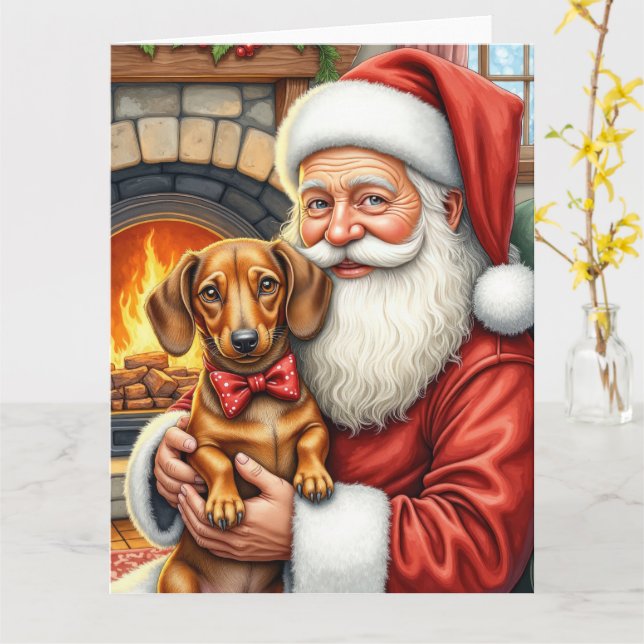 Santa Claus Holding Dachshund Christmas Art Karte (Gelbe Blume)