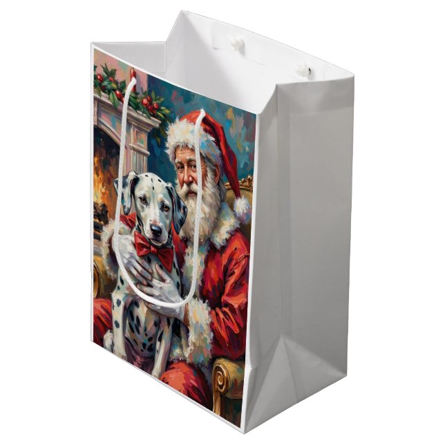Santa Claus Holding Dalmatian Christmas Art Mittlere Geschenktüte (Vorderseite Schrägansicht)