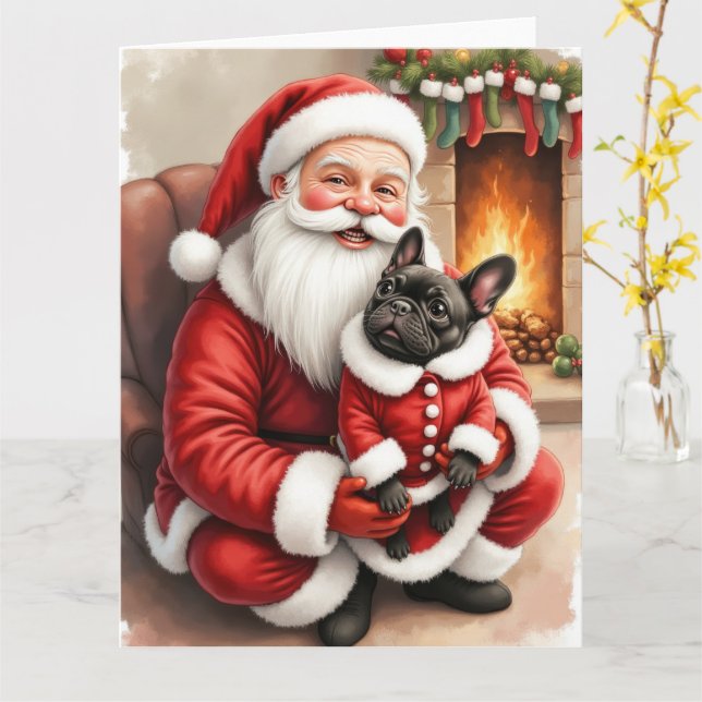 Santa Claus Holding French Bulldog Christmas Art Karte (Gelbe Blume)