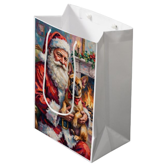 Santa Claus Holding French Bulldog Christmas Art Mittlere Geschenktüte (Vorderseite Schrägansicht)
