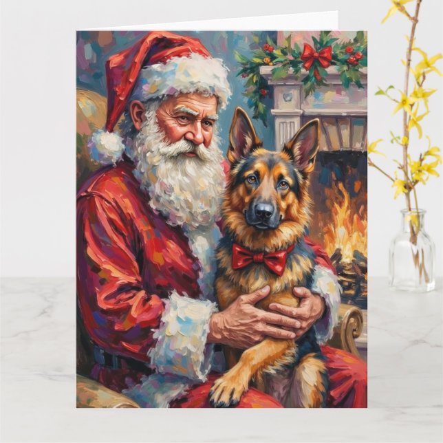 Santa Claus Holding German Shepherd Christmas Art Karte (Gelbe Blume)