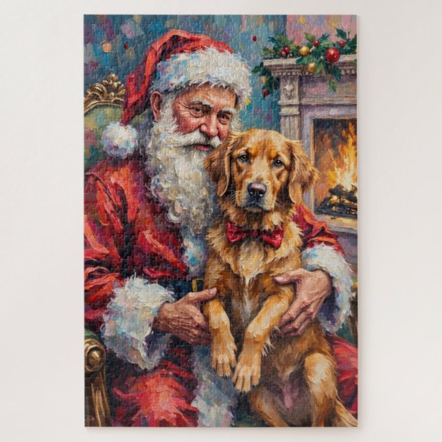 Santa Claus Holding Golden Retriever Christmas Art Puzzle (Vertikal)