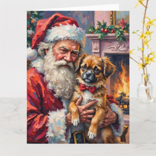 Santa Claus Holding Japanese Chin Christmas Art Karte (Gelbe Blume)