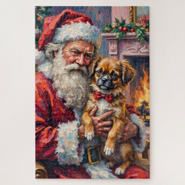 Santa Claus Holding Japanese Chin Christmas Art Puzzle (Vertikal)