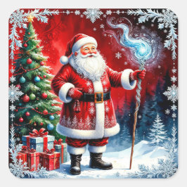 Santa Claus Holding Magic Staff Quadratischer Aufkleber