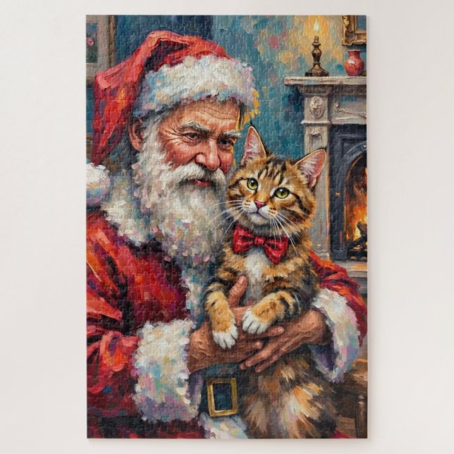 Santa Claus Holding Maine Coon Cat Christmas Art Puzzle (Vertikal)