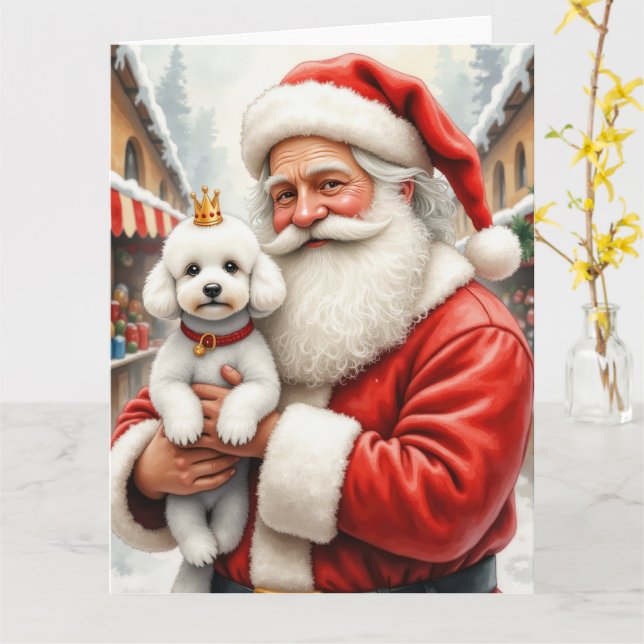 Santa Claus Holding Poodle Christmas Art Karte (Gelbe Blume)
