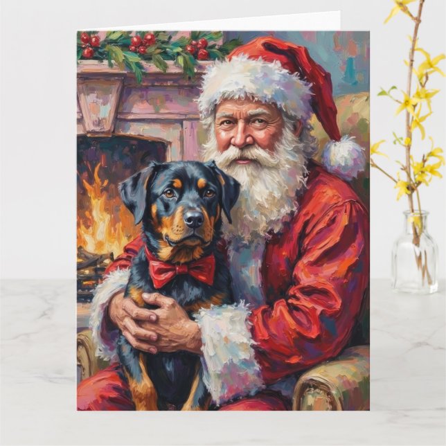 Santa Claus Holding Rottweiler Christmas Art Karte (Gelbe Blume)