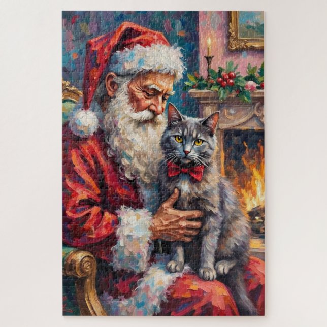Santa Claus Holding Russian Blue Cat Christmas Art Puzzle (Vertikal)