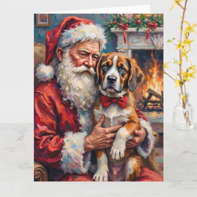 Santa Claus Holding Saint Bernard Christmas Art Karte (Gelbe Blume)