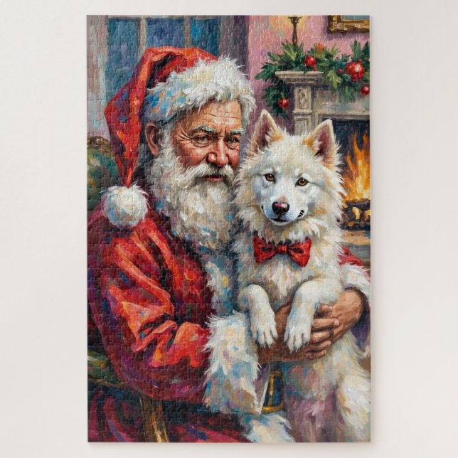 Santa Claus Holding Samoyed Christmas Art Puzzle (Vertikal)