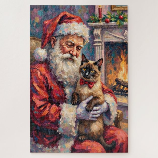 Santa Claus Holding Siamese Cat Christmas Art Puzzle (Vertikal)