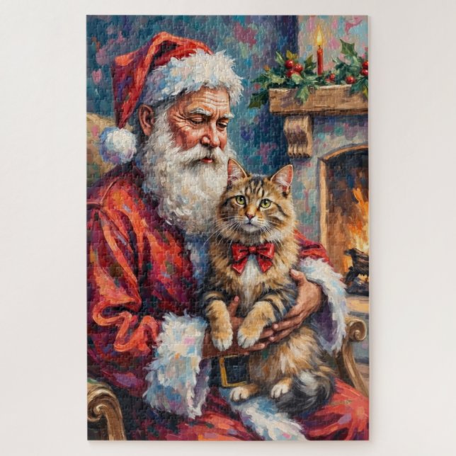 Santa Claus Holding Siberian Cat Christmas Art Puzzle (Vertikal)