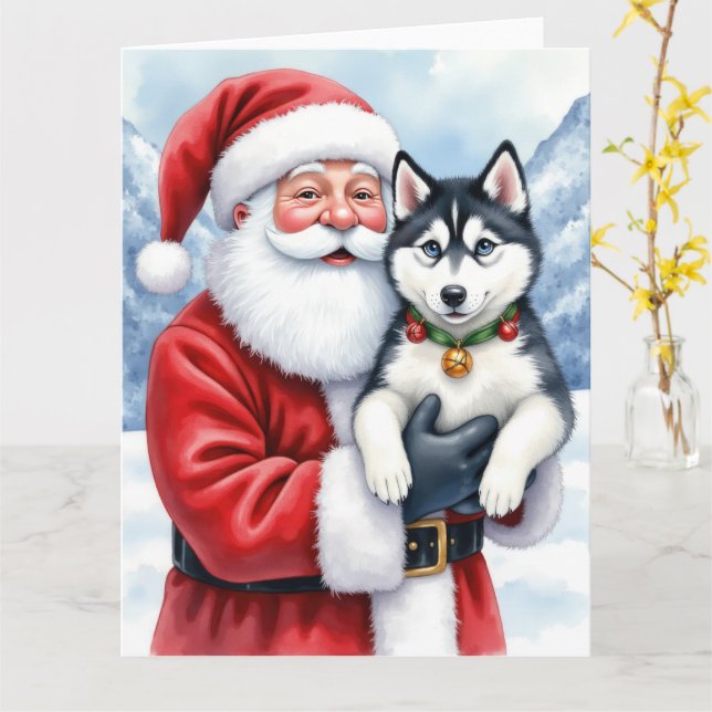 Santa Claus Holding Siberian Husky Christmas Art Karte (Gelbe Blume)