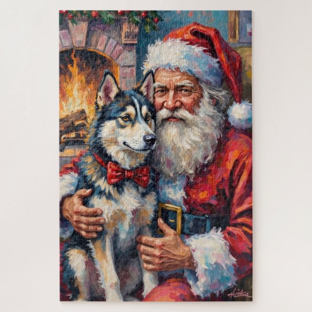 Santa Claus Holding Siberian Husky Christmas Art Puzzle (Vertikal)