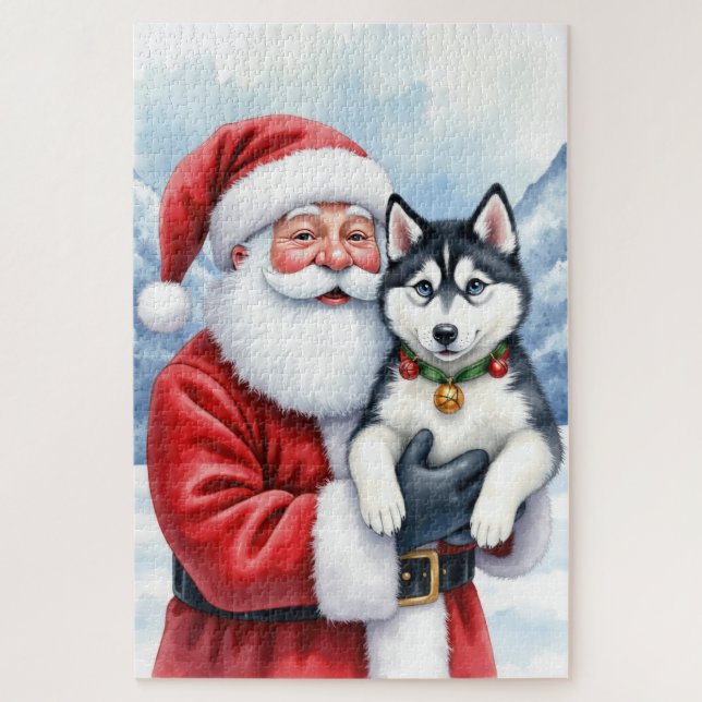 Santa Claus Holding Siberian Husky Christmas Art Puzzle (Vertikal)