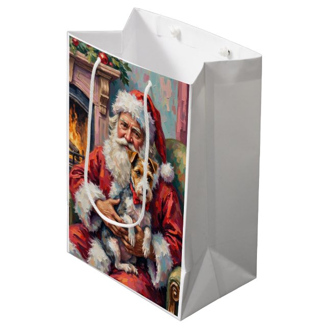 Santa Claus Holding Wirefox Terrier Christmas Art Mittlere Geschenktüte (Vorderseite Schrägansicht)